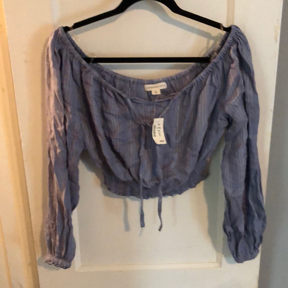 light blue/grey w white stripes off the shoulder top